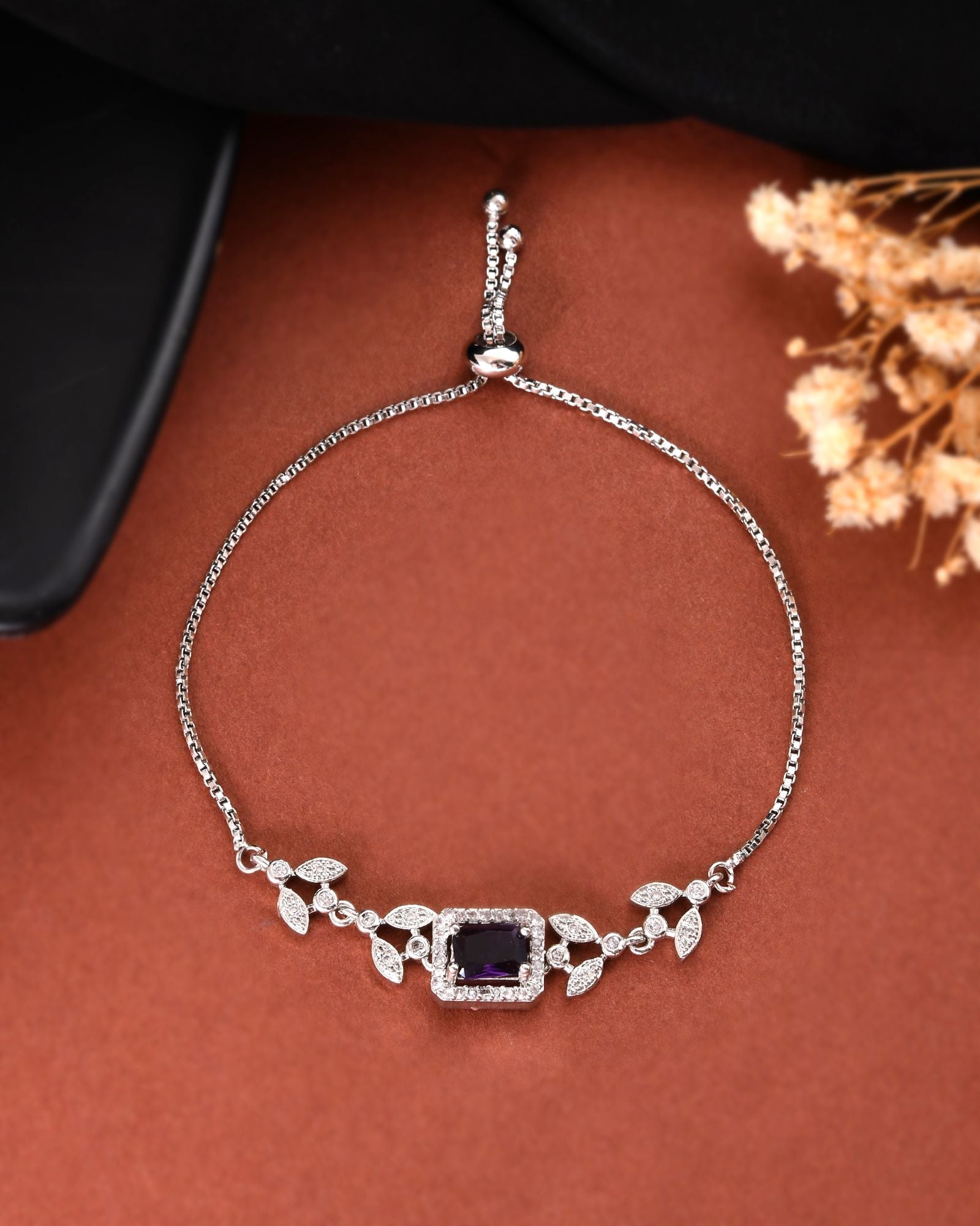Jewels Nest Silver Plated Emerald Purple Stone Floral Bracelet - Distacart