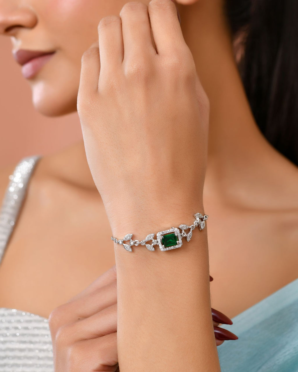 Jewels Nest Silver Plated Green Stone Adjustable Statement Bracelet - Distacart