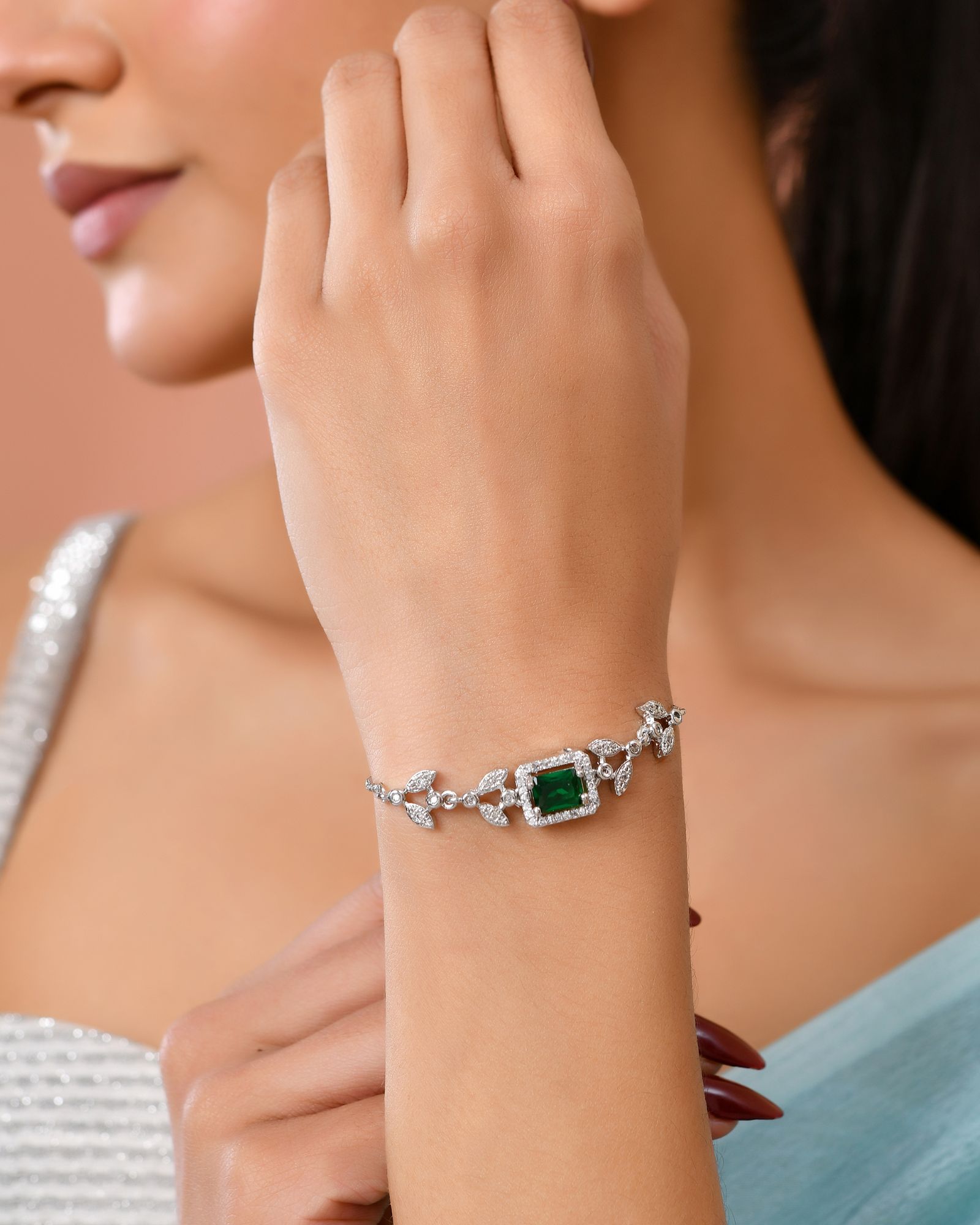 Jewels Nest Silver Plated Green Stone Adjustable Statement Bracelet - Distacart