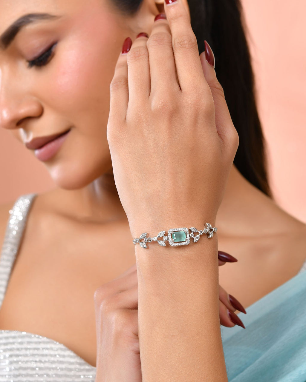Jewels Nest Silver Plated Green Stone Adjustable Bracelet With Leaf Cz Design - Distacart