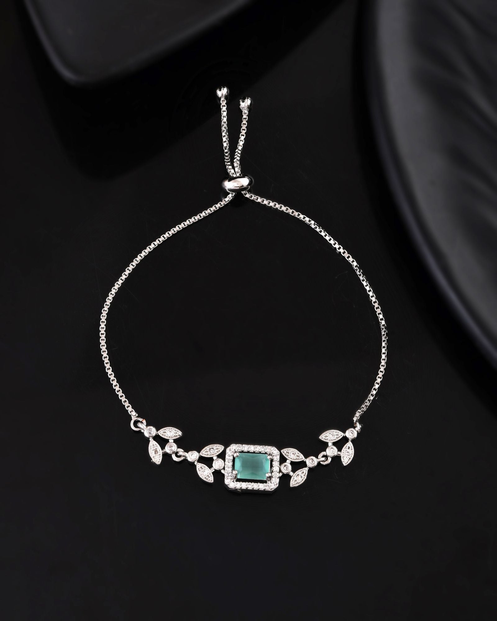 Jewels Nest Silver Plated Green Stone Adjustable Bracelet With Leaf Cz Design - Distacart