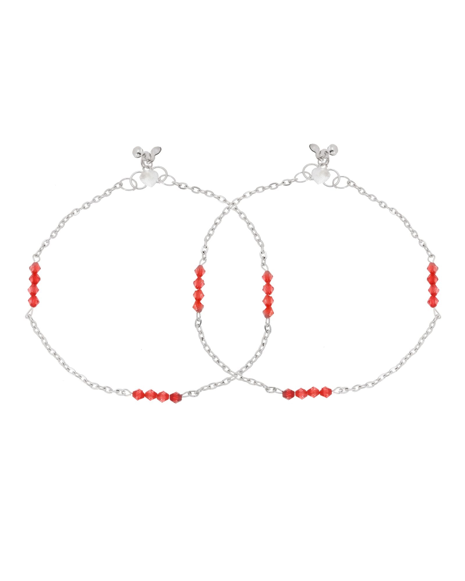 Jewels Nest Silver Plated Red Beads Adjustable Anklet With Heart Clasp