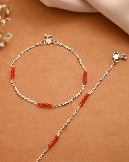 Jewels Nest Silver Plated Red Beads Adjustable Anklet With Heart Clasp