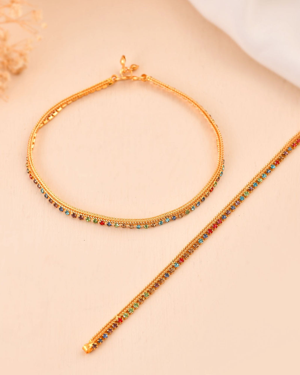 Jewels Nest Gold Plated Multicolor Stone Chain Anklet For Women