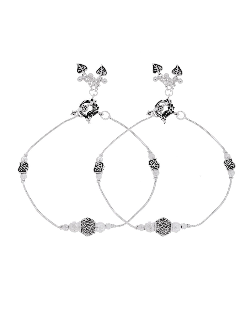 Jewels Nest Oxidised Silver Beaded Adjustable Anklet With Leaf Charm