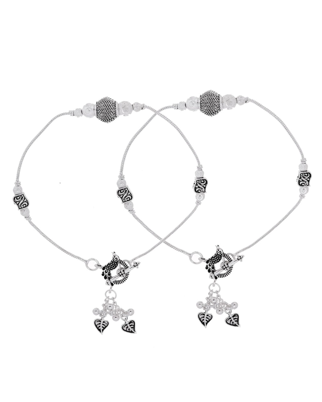 Jewels Nest Oxidised Silver Beaded Adjustable Anklet With Leaf Charm