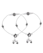 Jewels Nest Oxidised Silver Beaded Adjustable Anklet With Leaf Charm