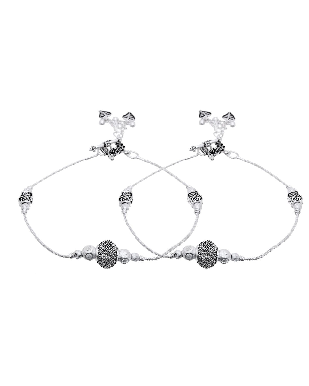 Jewels Nest Oxidised Silver Beaded Adjustable Anklet With Leaf Charm