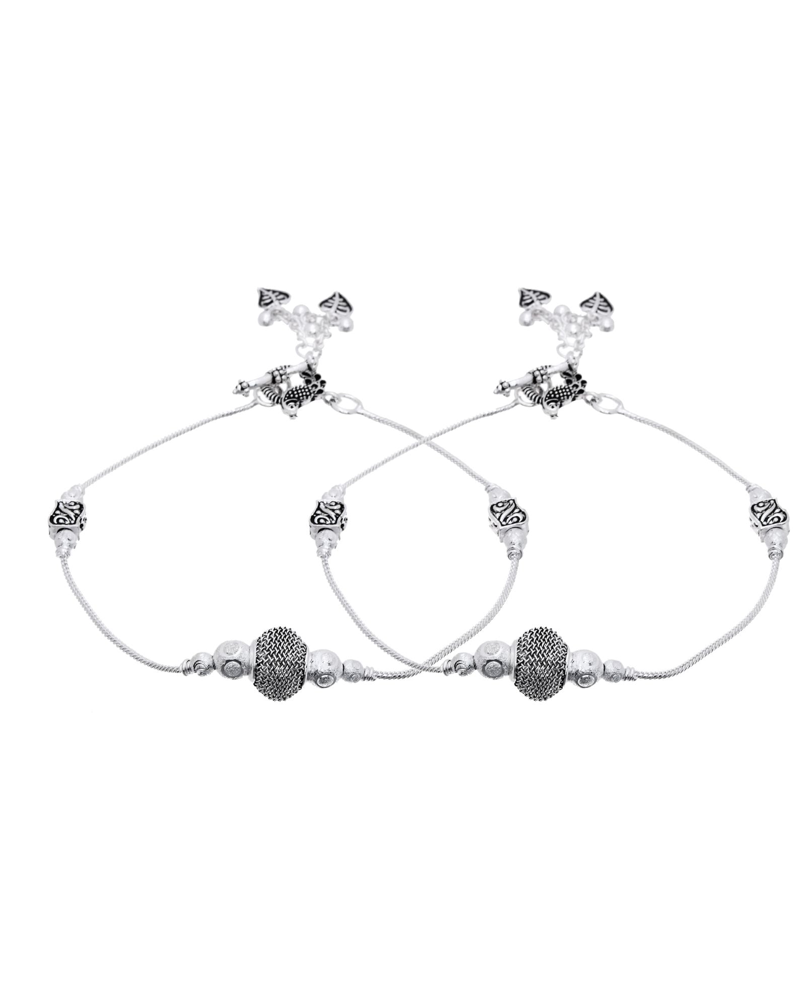 Jewels Nest Oxidised Silver Beaded Adjustable Anklet With Leaf Charm