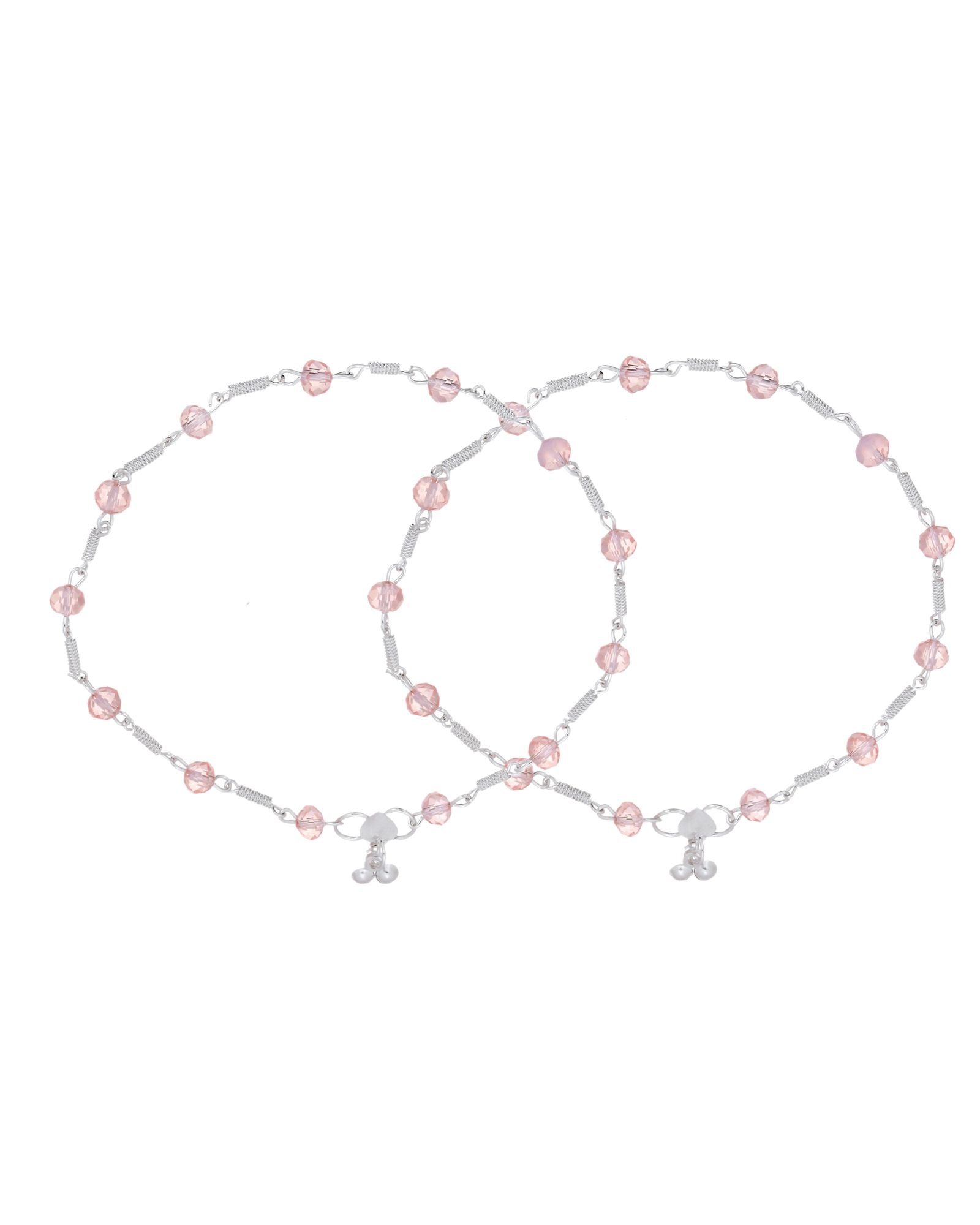 Jewels Nest Silver Plated Pink Crystal Beads Adjustable Anklet For Women