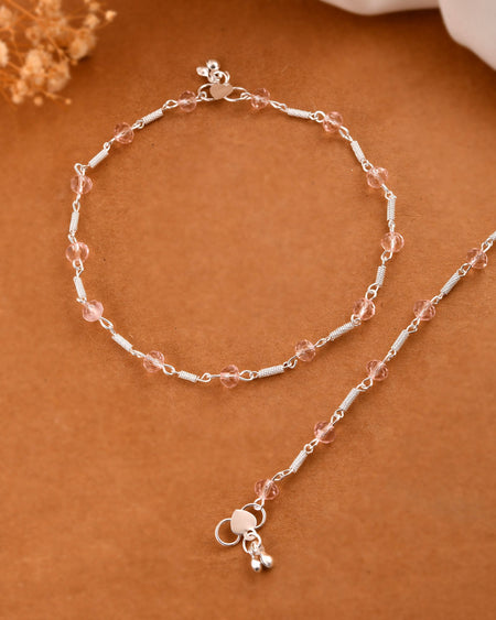 Jewels Nest Silver Plated Pink Crystal Beads Adjustable Anklet For Women