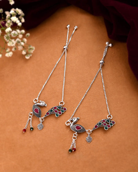 Jewels Nest Silver Plated Peacock Motif Adjustable Anklet For Women