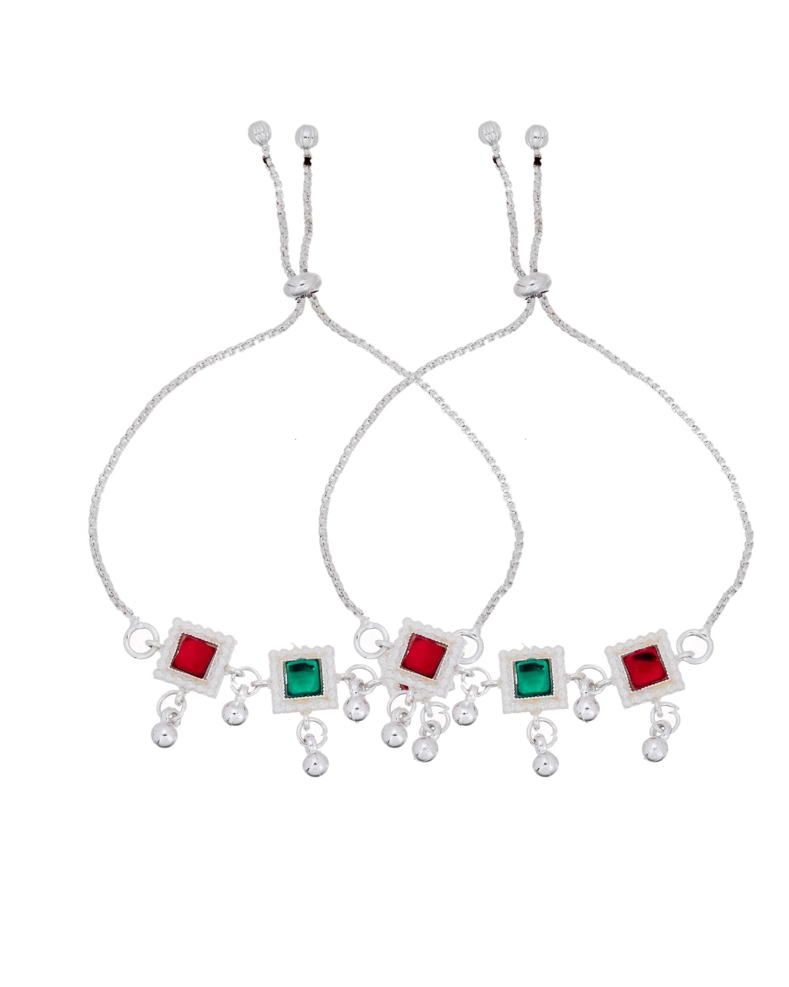 Jewels Nest Silver Plated Square Stone Adjustable Anklet With Ghungroo Charms For Women