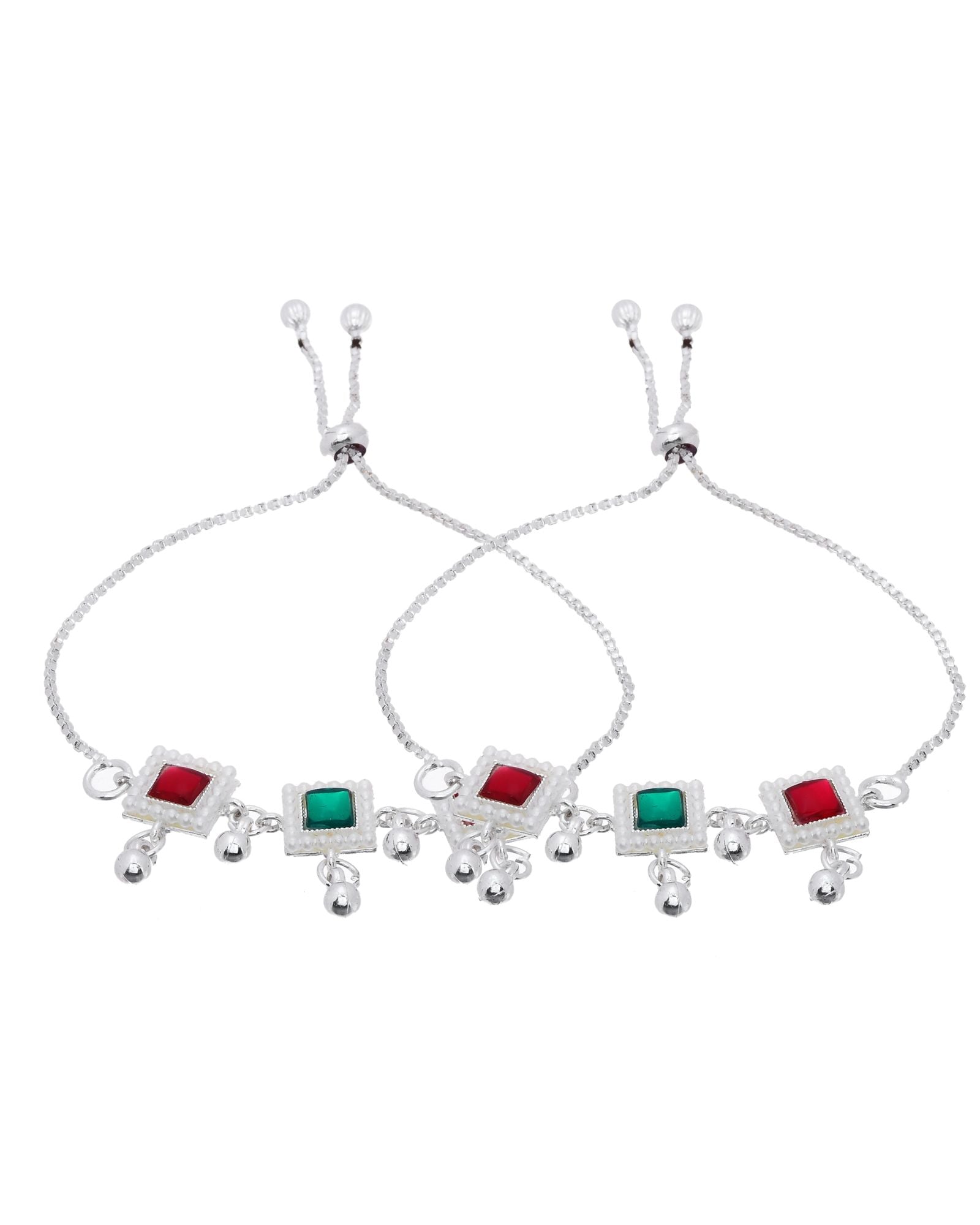 Jewels Nest Silver Plated Square Stone Adjustable Anklet With Ghungroo Charms For Women