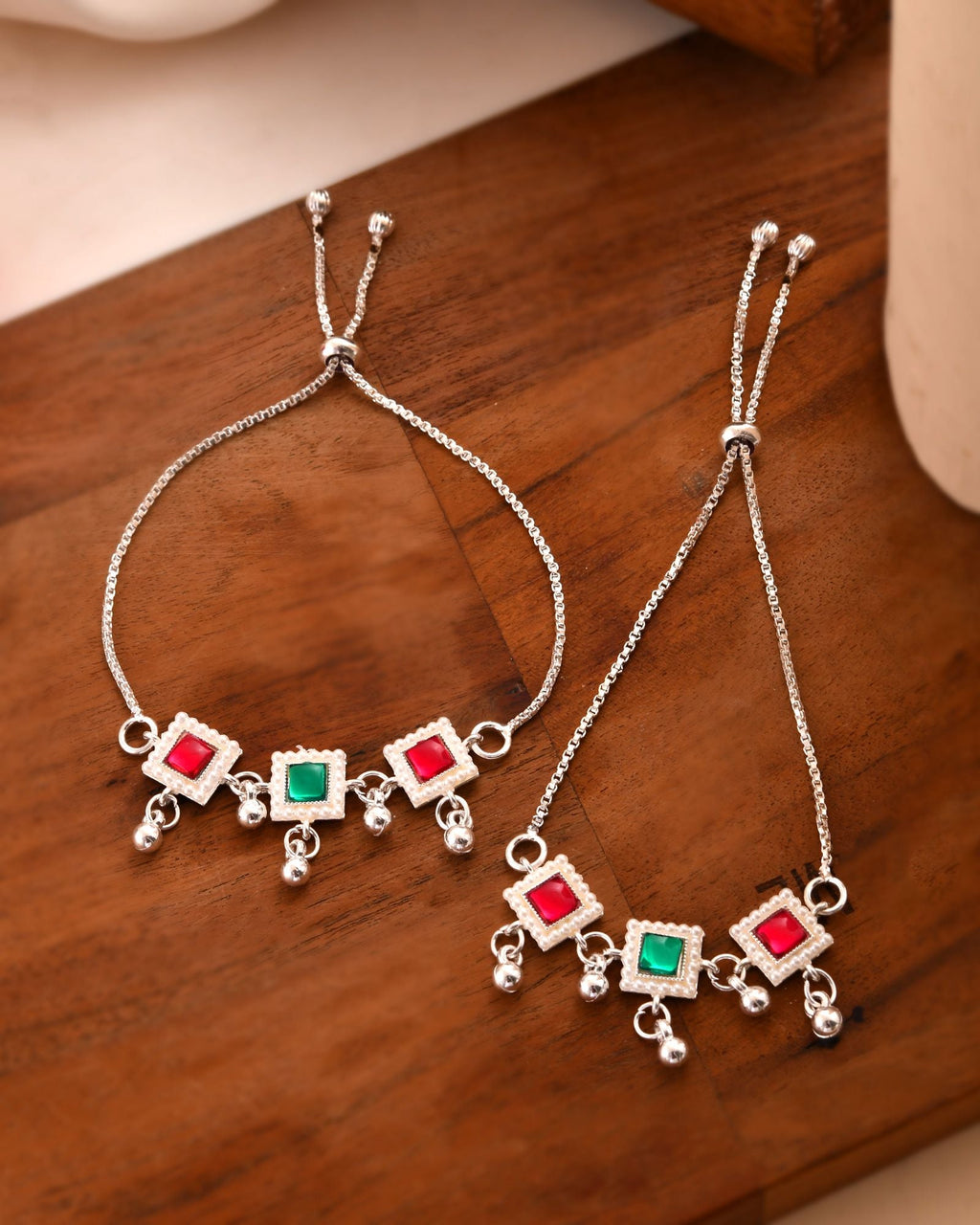 Jewels Nest Silver Plated Square Stone Adjustable Anklet With Ghungroo Charms For Women