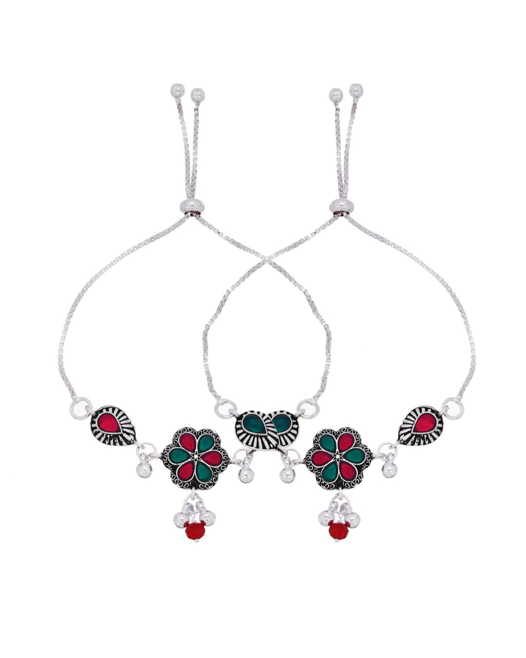 Jewels Nest Silver Plated Floral Stone Adjustable Anklet With Ghungroo Charms For Women