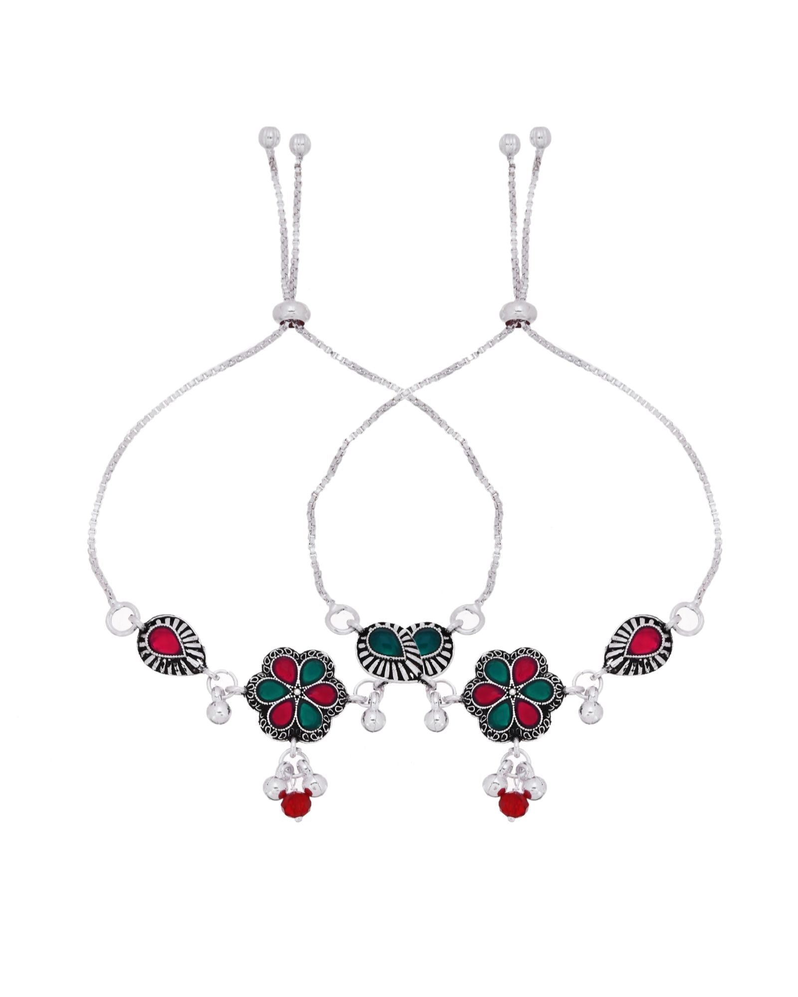 Jewels Nest Silver Plated Floral Stone Adjustable Anklet With Ghungroo Charms For Women