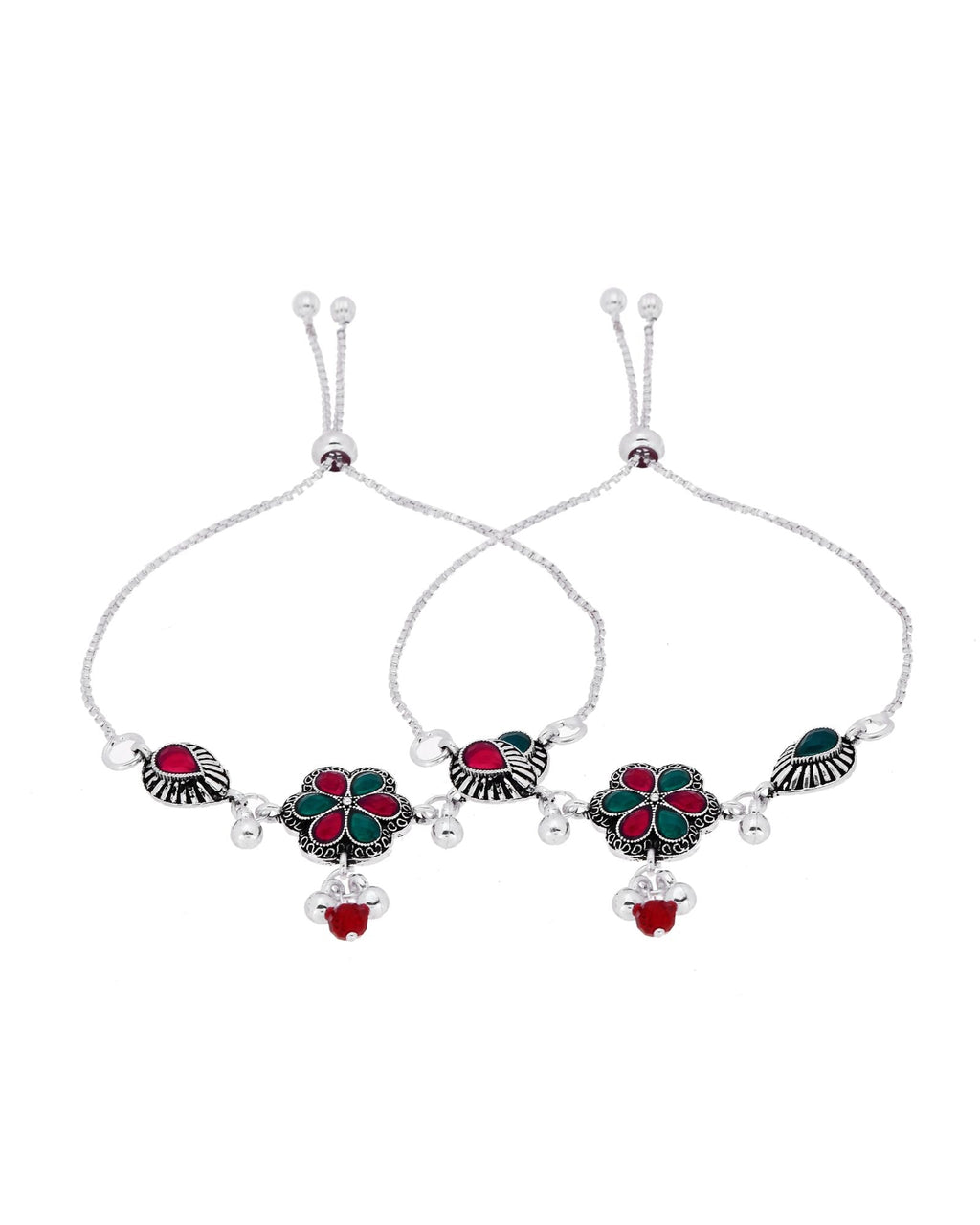Jewels Nest Silver Plated Floral Stone Adjustable Anklet With Ghungroo Charms For Women