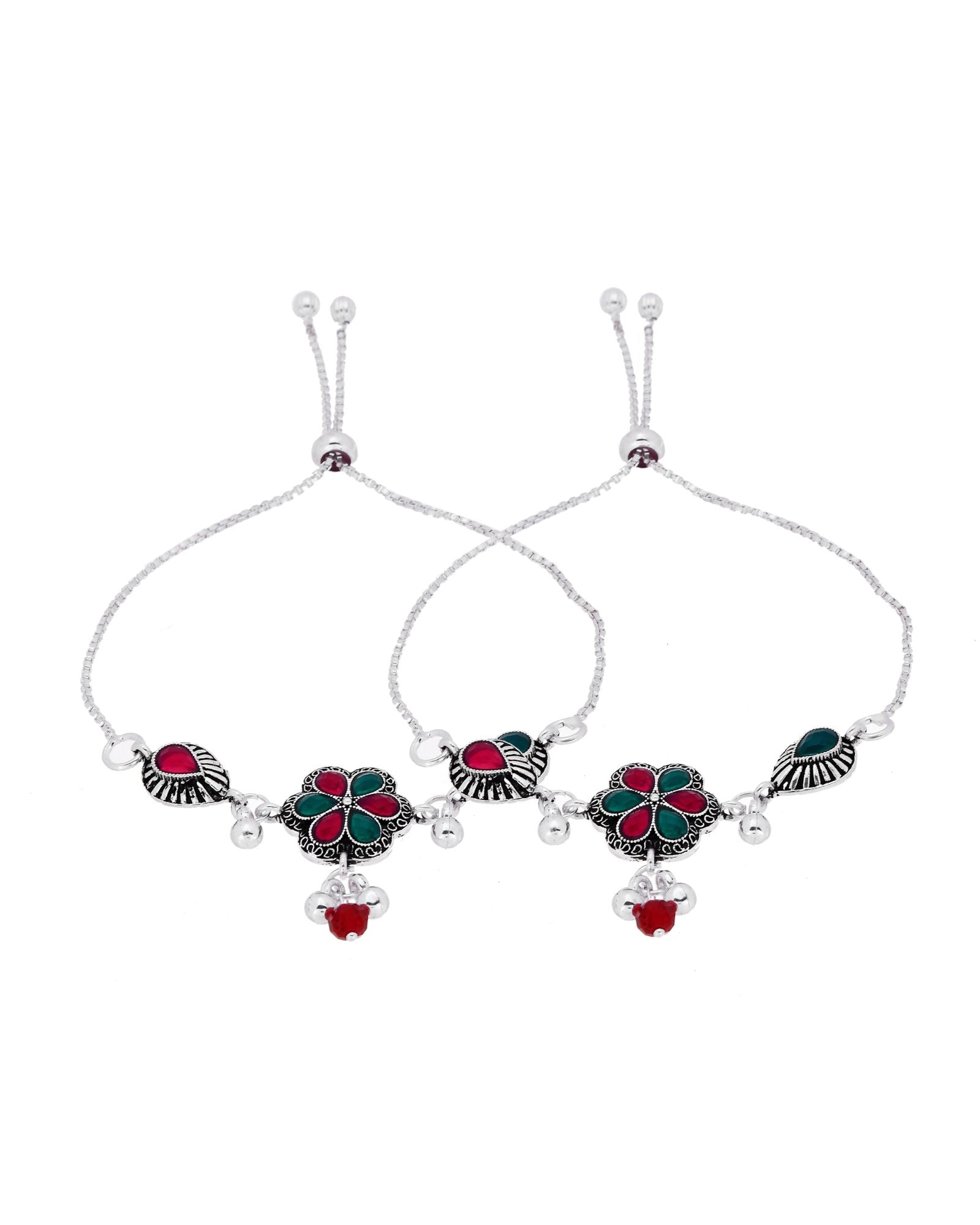Jewels Nest Silver Plated Floral Stone Adjustable Anklet With Ghungroo Charms For Women