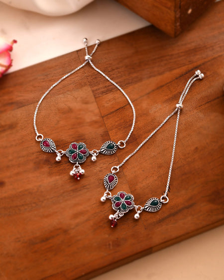 Jewels Nest Silver Plated Floral Stone Adjustable Anklet With Ghungroo Charms For Women