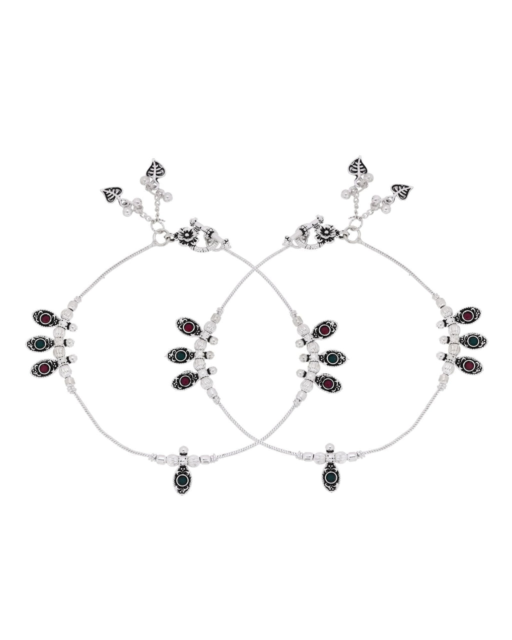 Jewels Nest Silver Plated Oval Stone Adjustable Anklet With Leaf Charms For Women