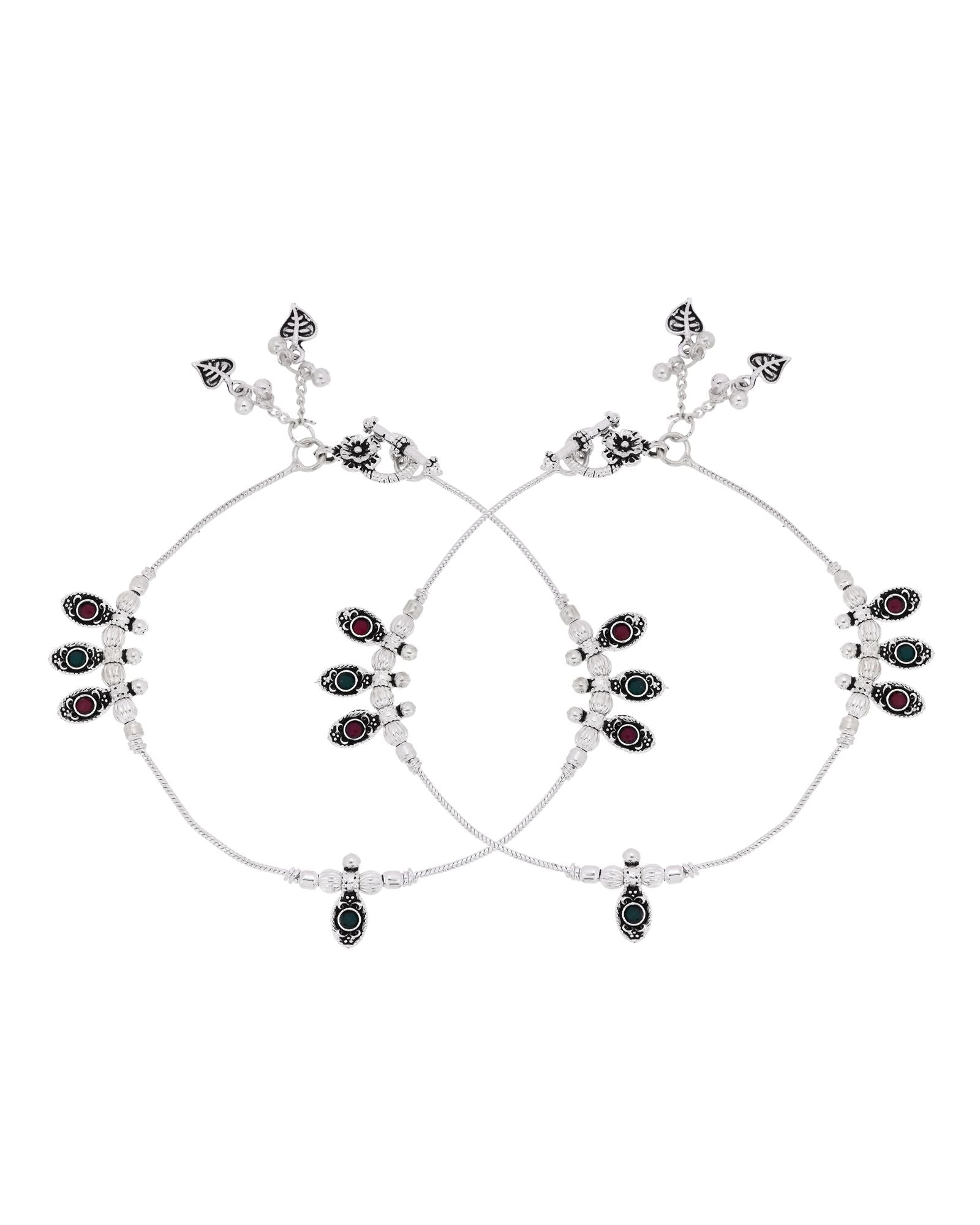Jewels Nest Silver Plated Oval Stone Adjustable Anklet With Leaf Charms For Women