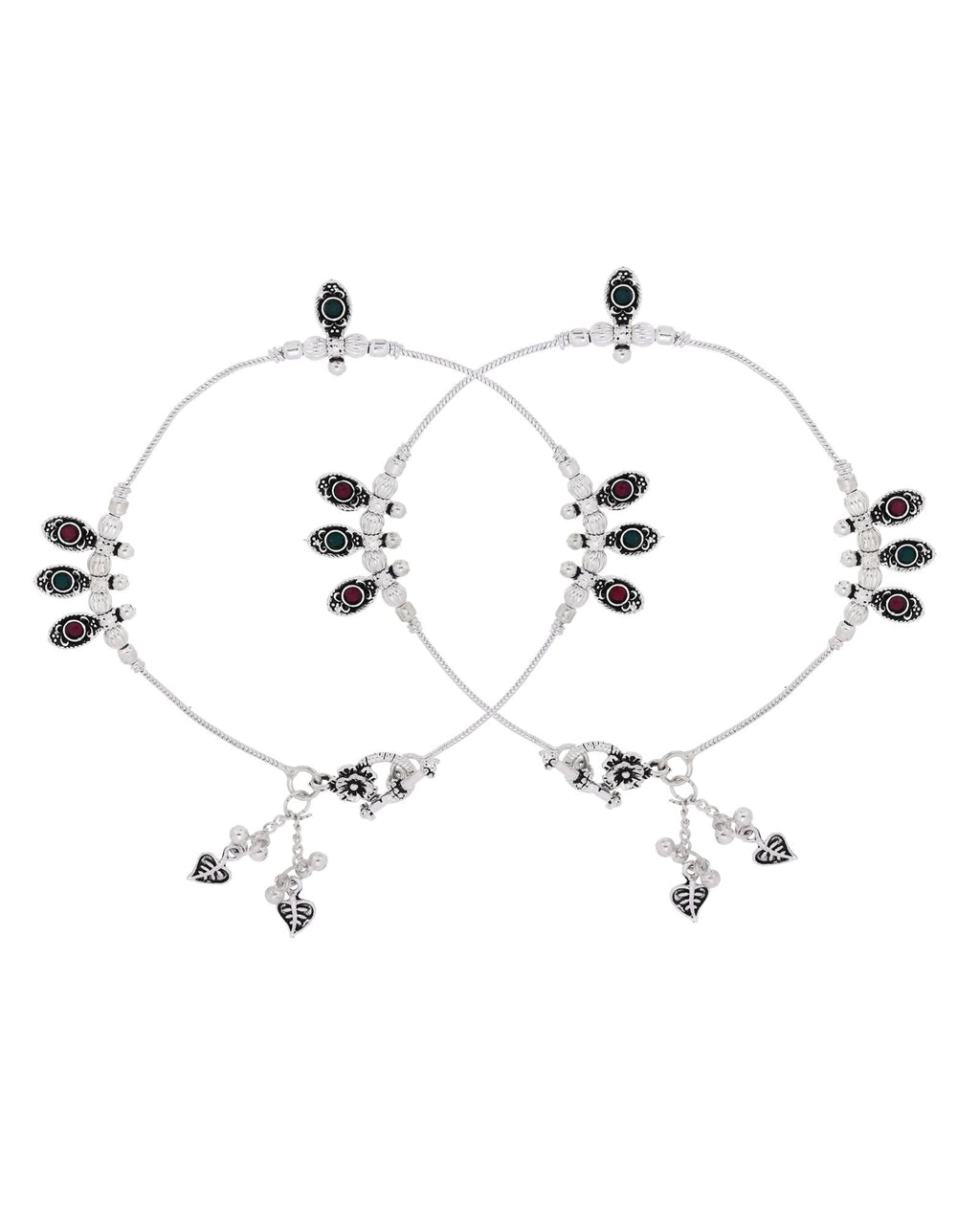 Jewels Nest Silver Plated Oval Stone Adjustable Anklet With Leaf Charms For Women