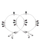 Jewels Nest Silver Plated Oval Stone Adjustable Anklet With Leaf Charms For Women