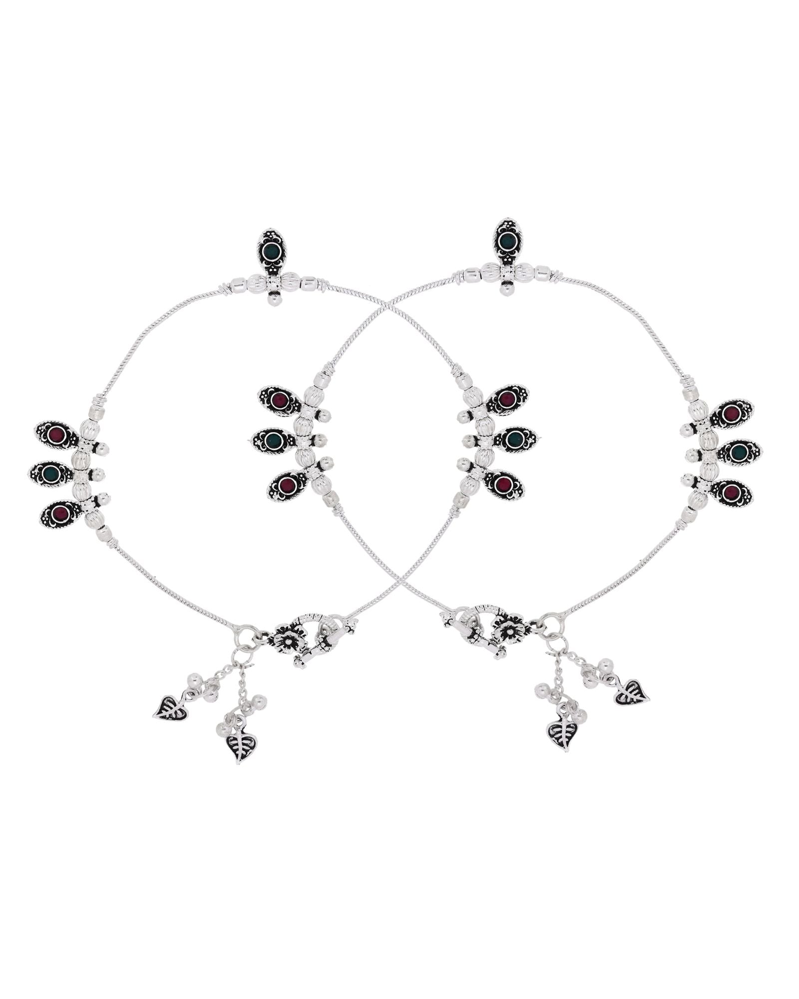 Jewels Nest Silver Plated Oval Stone Adjustable Anklet With Leaf Charms For Women