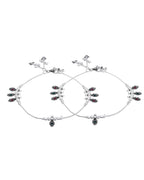 Jewels Nest Silver Plated Oval Stone Adjustable Anklet With Leaf Charms For Women
