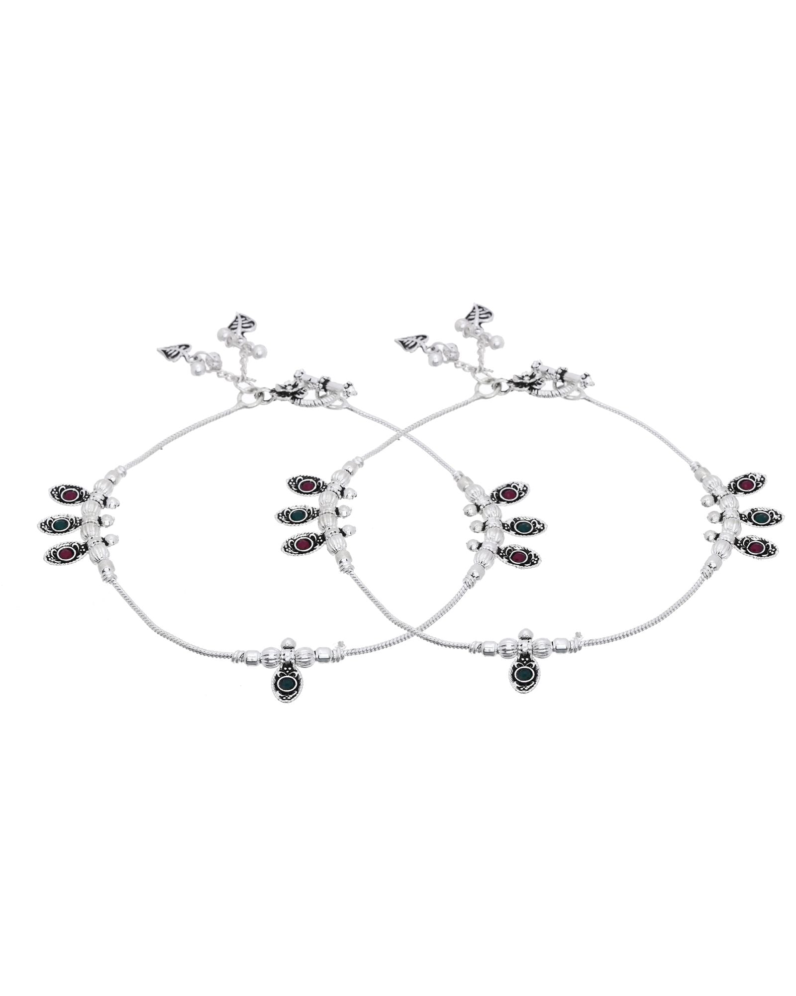 Jewels Nest Silver Plated Oval Stone Adjustable Anklet With Leaf Charms For Women