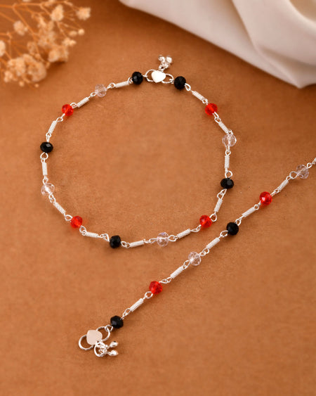 Jewels Nest Bold Tricolor Beaded Silver Anklet With Adjustable Chain Closure