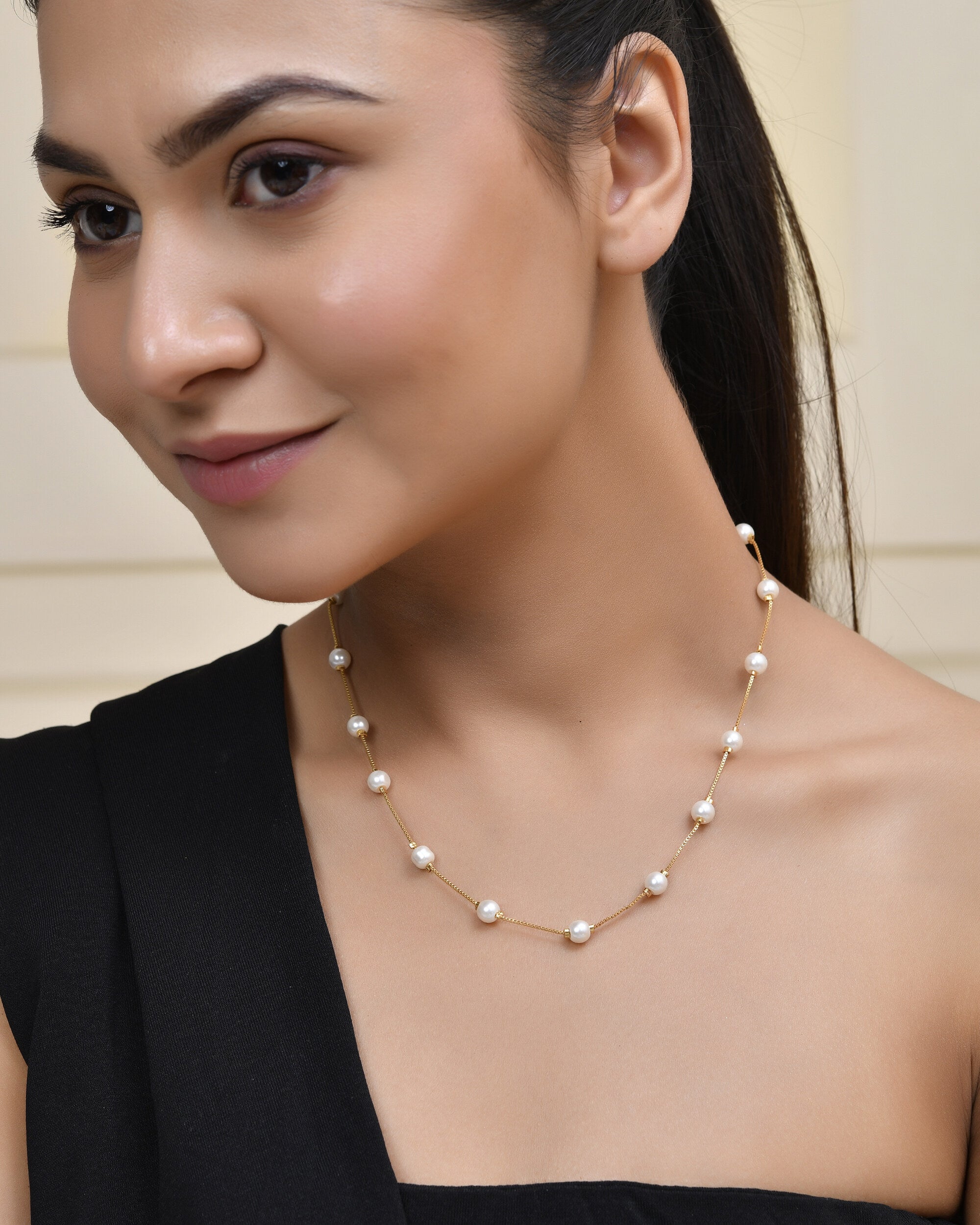 Jewels Nest Elegant Gold-Polished Pearl Chain Necklace – Timeless & Classic