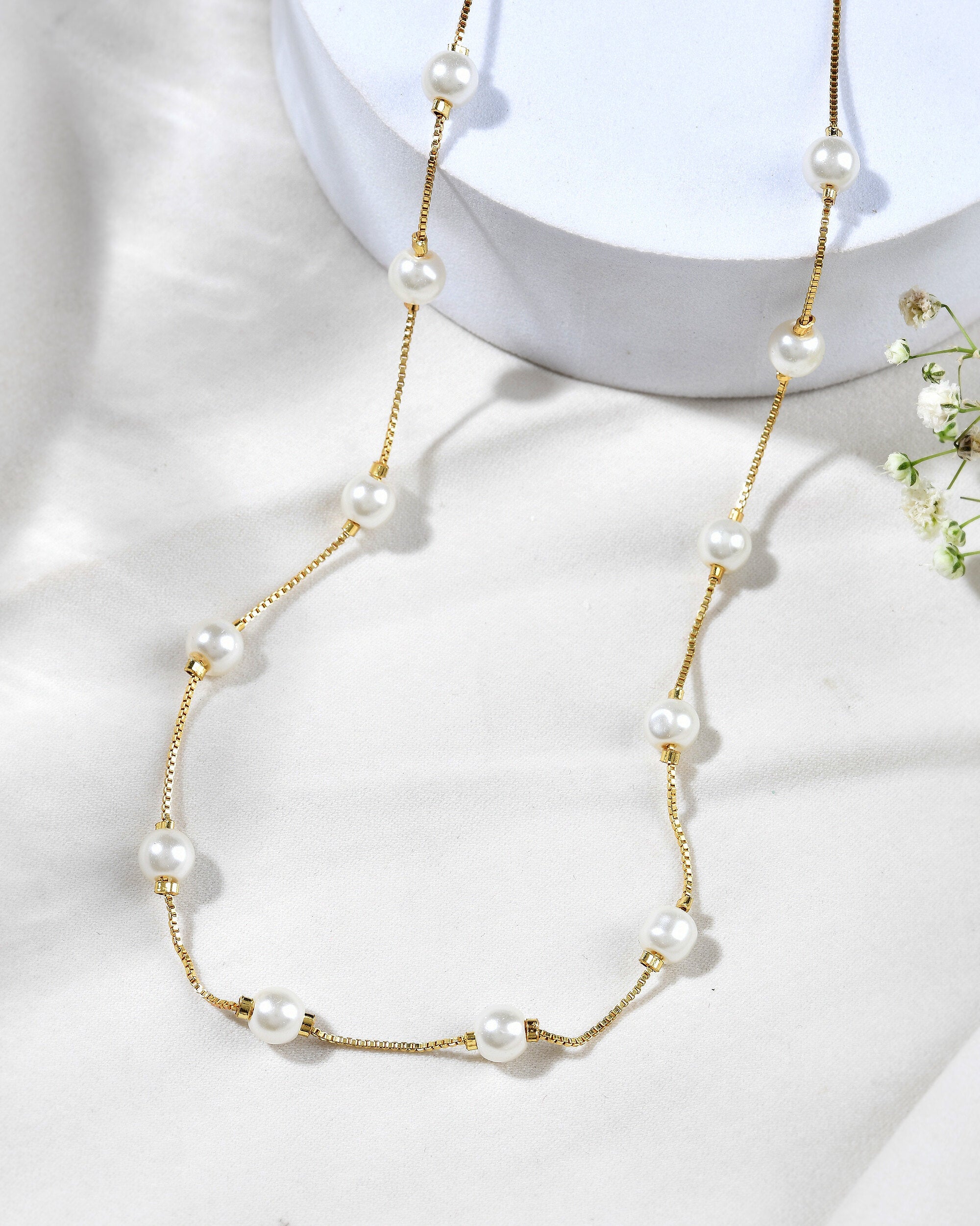 Jewels Nest Elegant Gold-Polished Pearl Chain Necklace – Timeless & Classic