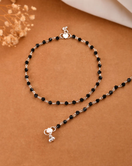 Jewels Nest Classic Black Bead Silver Anklet With Minimal Adjustable Design