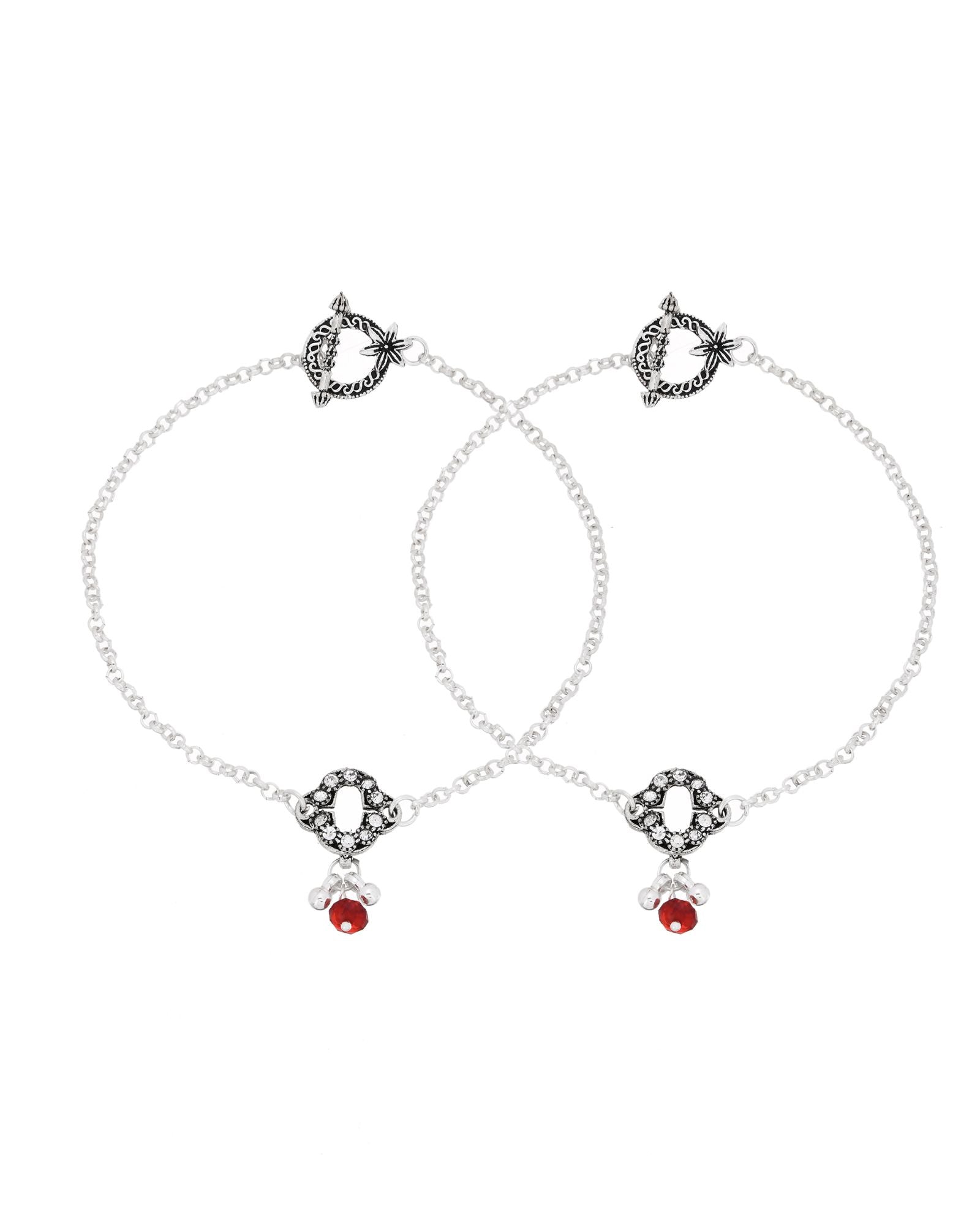 Jewels Nest Grace Charm Silver Anklet With Red Crystal Drop For Women