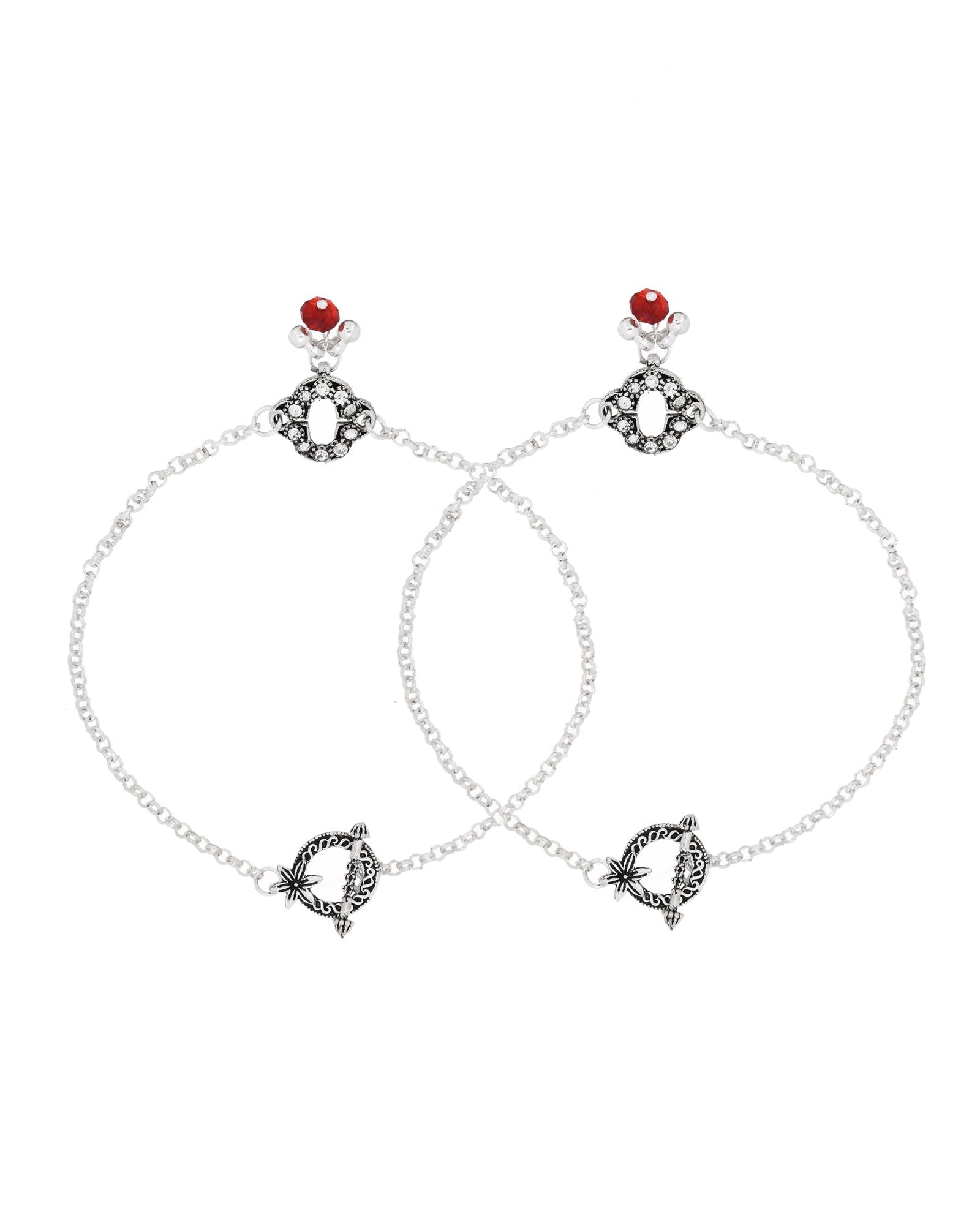 Jewels Nest Grace Charm Silver Anklet With Red Crystal Drop For Women
