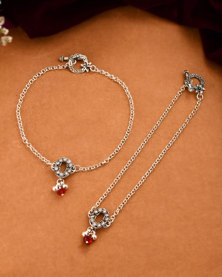 Jewels Nest Grace Charm Silver Anklet With Red Crystal Drop For Women