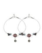 Jewels Nest Vintage Floral Charm Silver Anklet With Enamel Accents And Dangling Motifs
