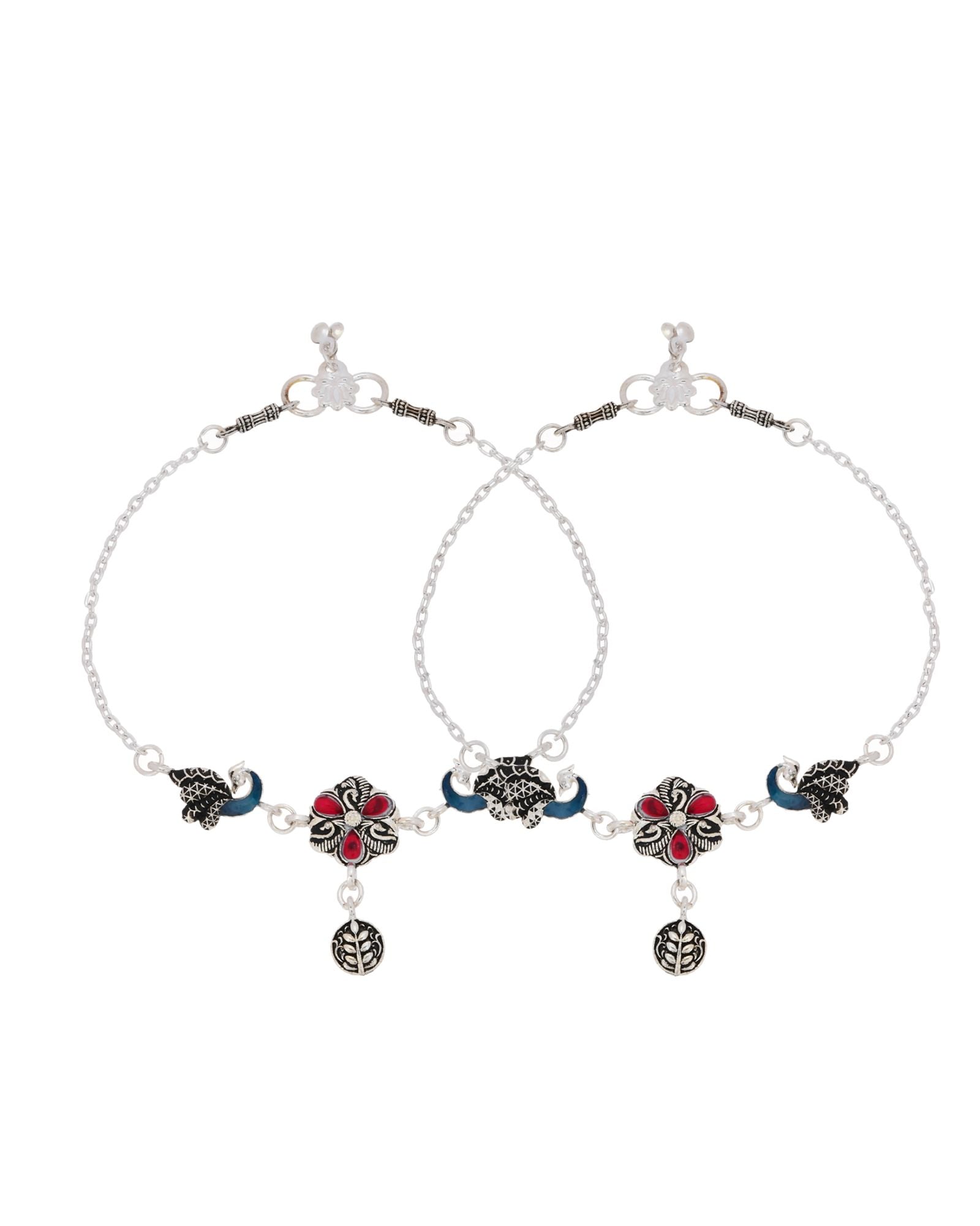 Jewels Nest Vintage Floral Charm Silver Anklet With Enamel Accents And Dangling Motifs
