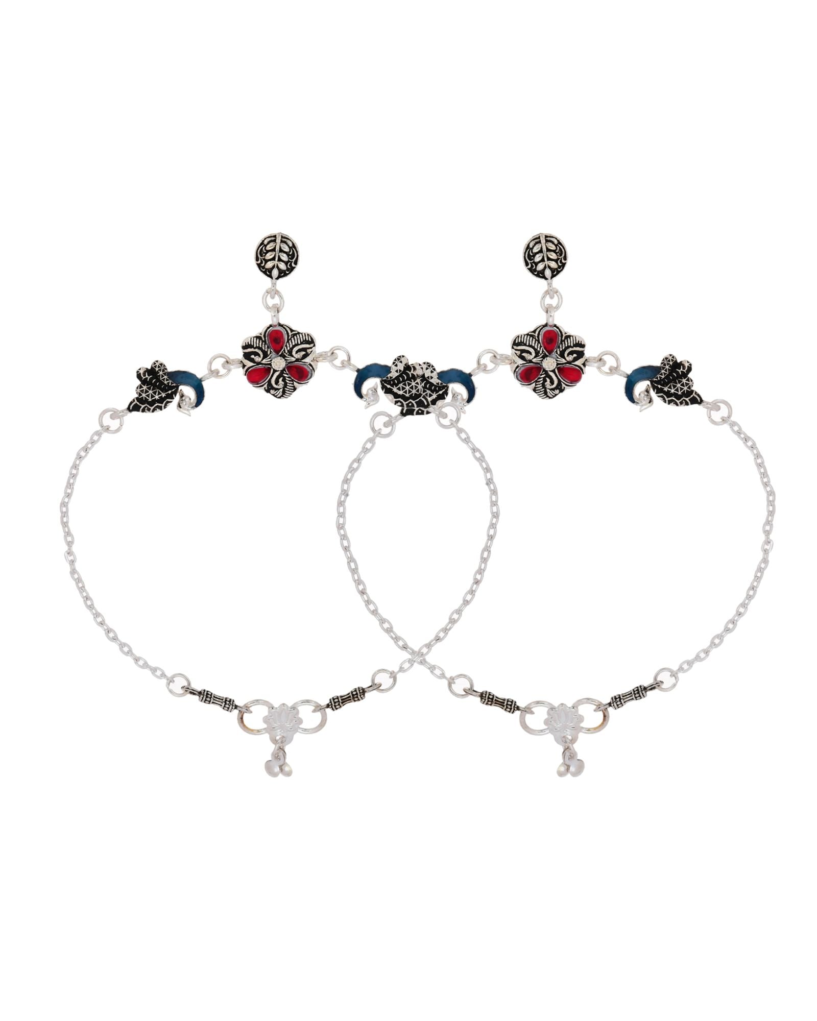 Jewels Nest Vintage Floral Charm Silver Anklet With Enamel Accents And Dangling Motifs