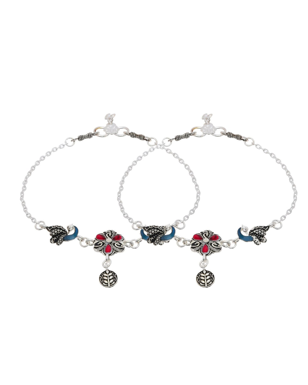 Jewels Nest Vintage Floral Charm Silver Anklet With Enamel Accents And Dangling Motifs