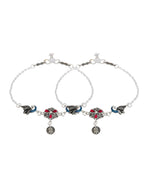 Jewels Nest Vintage Floral Charm Silver Anklet With Enamel Accents And Dangling Motifs