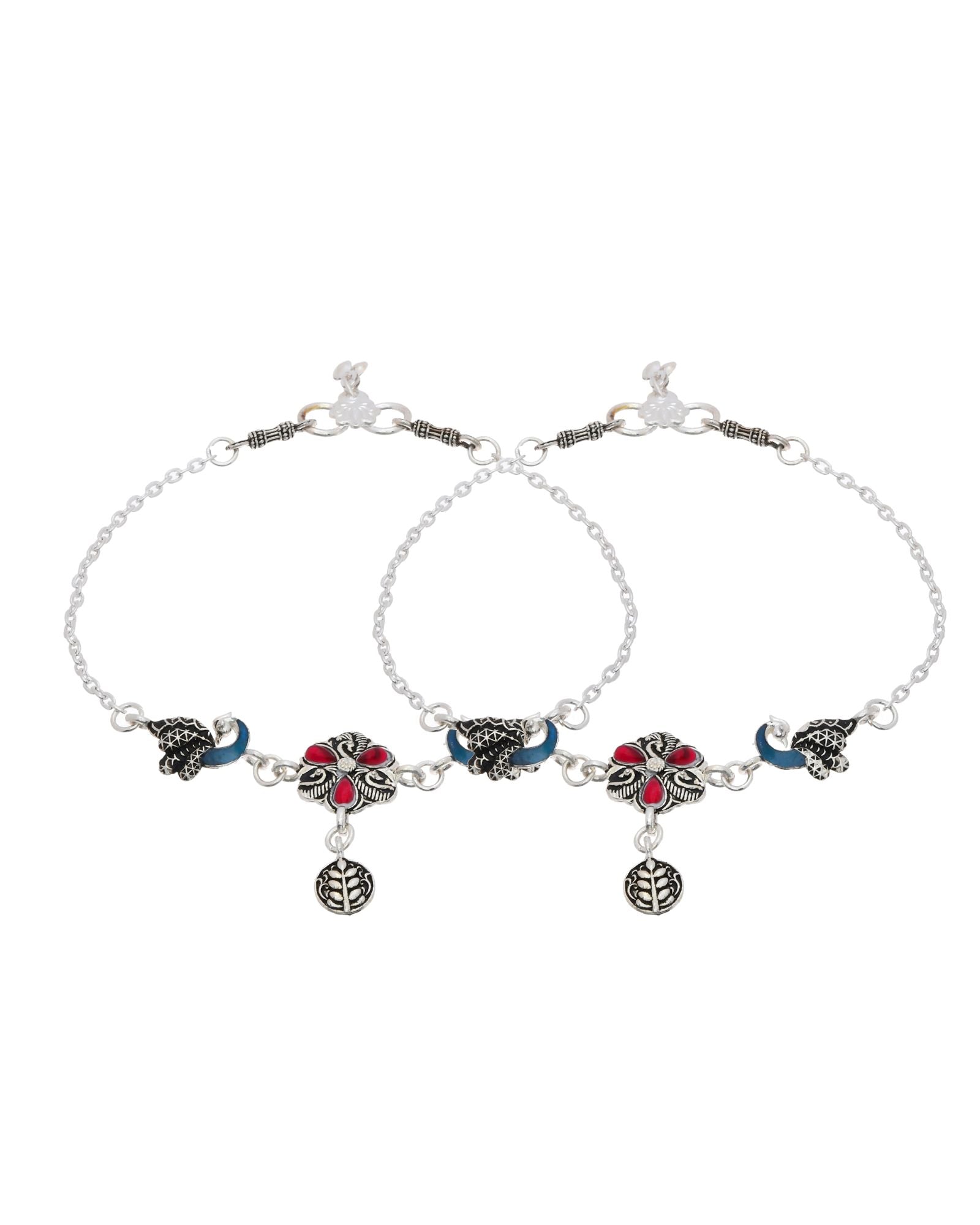 Jewels Nest Vintage Floral Charm Silver Anklet With Enamel Accents And Dangling Motifs