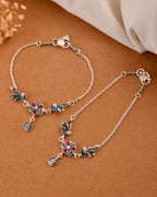 Jewels Nest Vintage Floral Charm Silver Anklet With Enamel Accents And Dangling Motifs