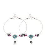 Jewels Nest Peacock Blossom Silver Anklet With Turquoise Enamel And Artistic Danglers