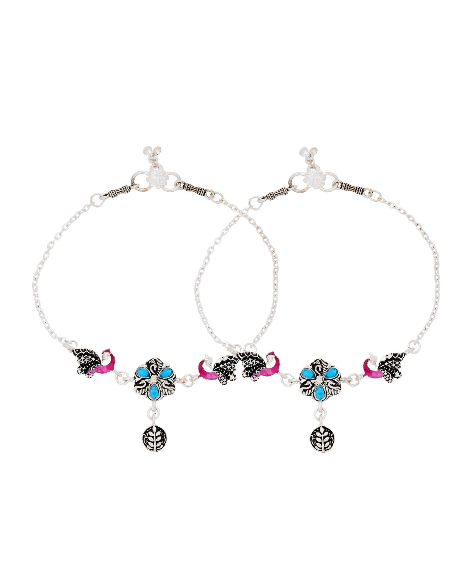 Jewels Nest Peacock Blossom Silver Anklet With Turquoise Enamel And Artistic Danglers