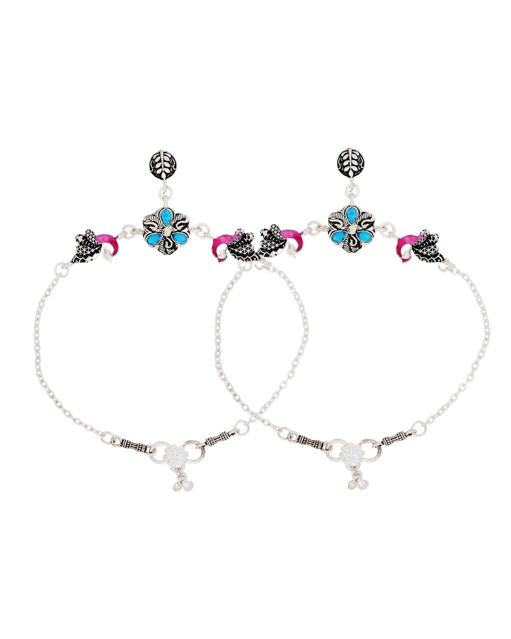 Jewels Nest Peacock Blossom Silver Anklet With Turquoise Enamel And Artistic Danglers