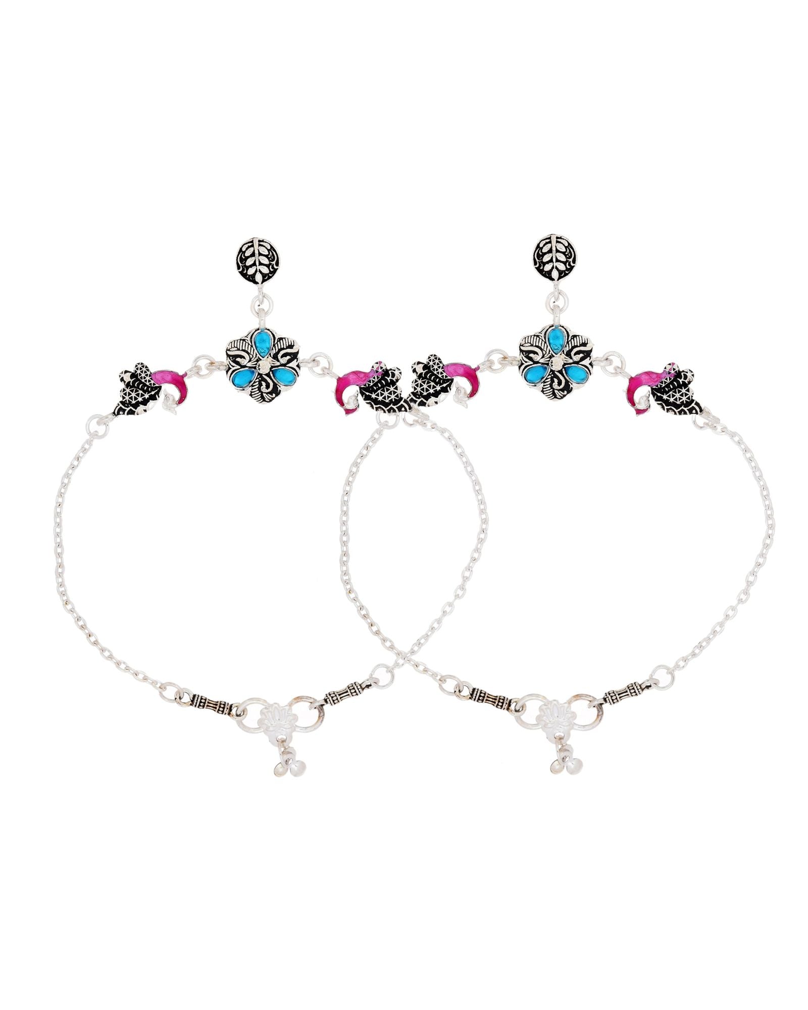 Jewels Nest Peacock Blossom Silver Anklet With Turquoise Enamel And Artistic Danglers