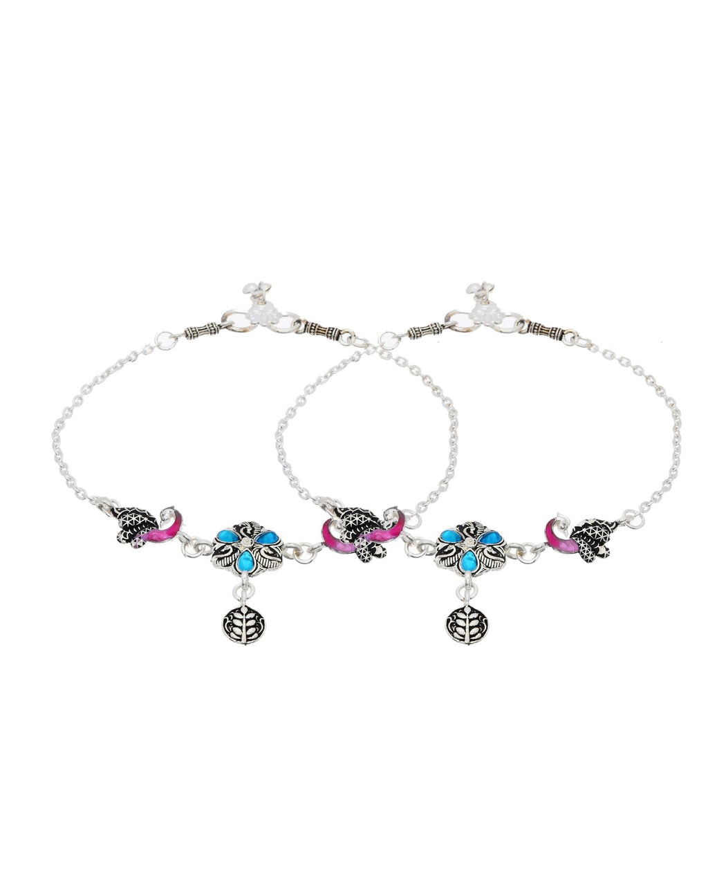 Jewels Nest Peacock Blossom Silver Anklet With Turquoise Enamel And Artistic Danglers